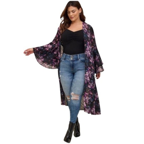 torrid Tops - Torrid Women Black Pink Floral Whimsigoth Fairygoth Dark Kimono Bell Sleeve 3X